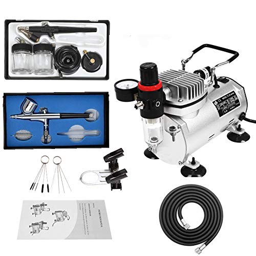 kit aerografo con compresor profesional,1/5HP Compresor de Aire con 2 aerógrafos 0.3mm Acción dual Gravity Feed, Aerógrafo de acción simple de 0.8 mmn