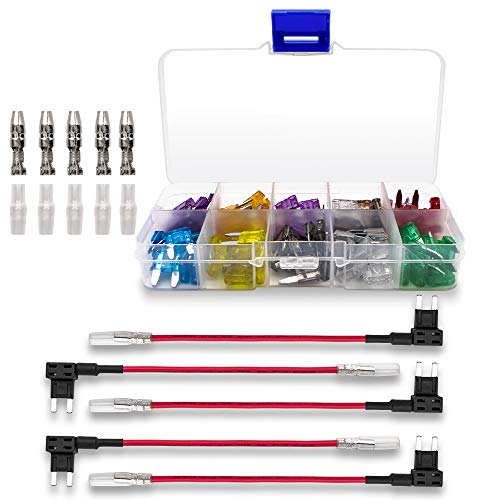 Kit de 100pcs Mini Fusibles Planos Mezclado (2A 3A 5A 7.5A 10A 15A 20A 25A 30A 35A) con 5pcs Portafusible con Hilo In-Line, Cuchilla Estilo Adaptador Cable Fusible, Add-A-Circuit Fusible Titular