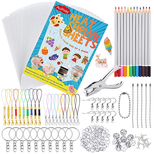 Kit de 198 piezas de plástico retráctil Auihiay incluye 20 hojas de papel de arte encogido, perforador, llaveros accesorios y lápices para manualidades creativas