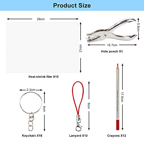 Kit de 43 Piezas Papel de Calco, Incluye 10 Hojas de Plástico Retráctil y 12 Lápices para Manualidades para Niños, Perforadora, Accesorios para Llaveros, para Manualidades de Bricolaje para Niños