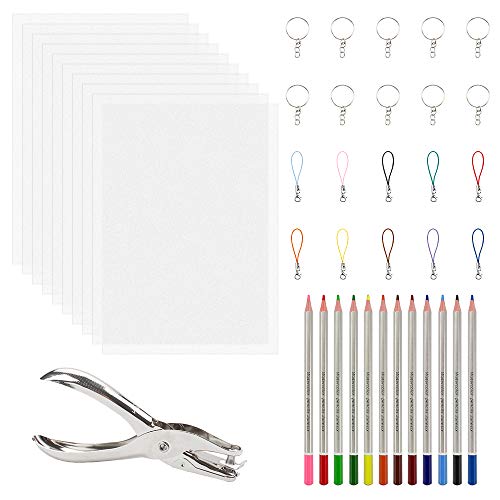 Kit de 43 Piezas Papel de Calco, Incluye 10 Hojas de Plástico Retráctil y 12 Lápices para Manualidades para Niños, Perforadora, Accesorios para Llaveros, para Manualidades de Bricolaje para Niños