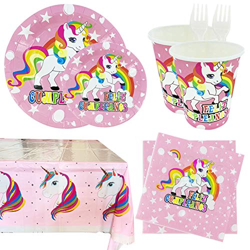 Kit de Artículos para Fiesta Cumpleaños Infantil Unicornio - Vajilla Desechable Rosa,Decoración y Accesorios Completa,148 Piezas - 16 Invitados