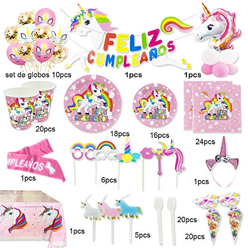 Kit de Artículos para Fiesta Cumpleaños Infantil Unicornio - Vajilla Desechable Rosa,Decoración y Accesorios Completa,148 Piezas - 16 Invitados