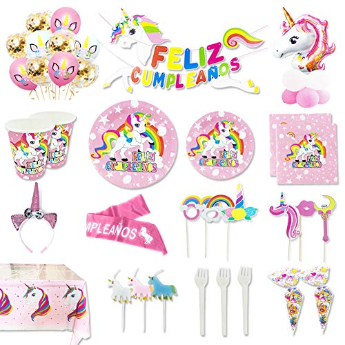 Kit de Artículos para Fiesta Cumpleaños Infantil Unicornio - Vajilla Desechable Rosa,Decoración y Accesorios Completa,148 Piezas - 16 Invitados