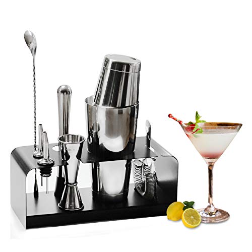 Kit de camarero SKYFISH: juego de herramientas de barra de 8 piezas con soporte de acero inoxidable, kit de barman perfecto para el hogar y conjunto de coctelera Martini.