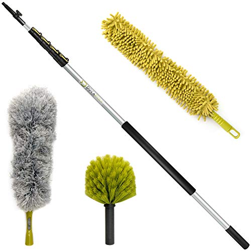 Kit de extracción de polvo DocaPole de 10 metros de alto alcance con mástil de extensión de 2,1 a 9,1 metros // El kit de limpieza incluye 3 adaptadores para el polvo // Plumero de telaraña