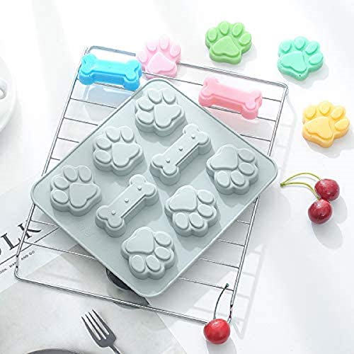Kit de fabricación de moldes de silicona para hornear, molde de silicona de hueso de pata de perro de 8 cavidades, rejilla de caramelo de roca reutilizable 2 en 1, moldes de chocolate rosa y gris