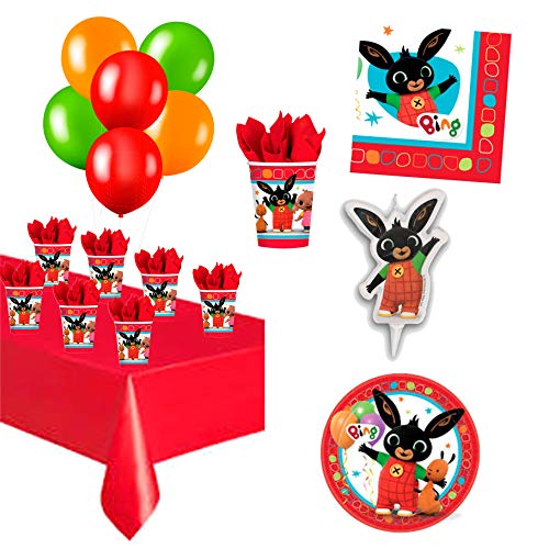 Kit de mesa de cumpleaños Bing con vela para tarta, globos, platos, vasos, servilletas y mantel, fiesta temática, decoración para fiestas