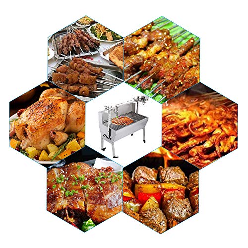 Kit de Parrilla eléctrica automática para Barbacoa BBQ Electrico Rotisserie Kit en Carbón para Acampar al Aire Libre Kit de asador Automatico Acero Inoxidable Altura Ajustable 15 W 50-70 kg