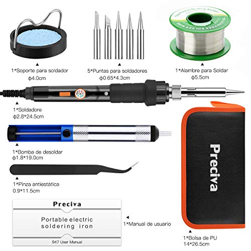 Kit del Soldador,Preciva 60W 220V Soldador de estaño,Temperatura Ajustable 220℃~480℃,5pcs Puntas Diferentes,Soporte,Alambre de Soldadura 50g para el Uso Diversamente Reparado