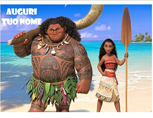 Kit N° 9 Cdc para fiestas: 1 Oblea para tarta personalizada, con diseño de Vaiana de Disney (Moana), en tamaño A4 de 210 × 297 mm