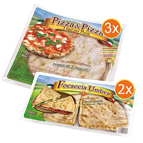 KIT PIZZA Y FOCACCIA UMBRA 3 paquetes Bases para Pizza + 2 paquetes Focaccia Umbra, 100% hecho en Italia