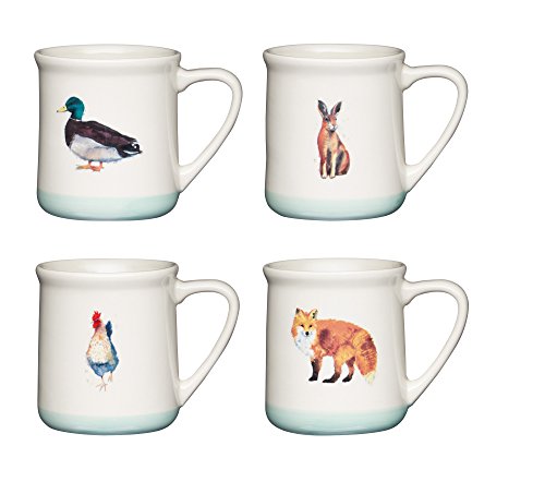 Kitchencraft Apple granja Mano gres impreso Animal tazas, 350 ml (12,5 fl oz) – Color Crema/Sage Verde (Juego de 4)