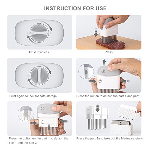 KITCHENDAO 48-Blade Acero Inoxidable Tenderizador de Carne, con Bloqueo de Seguridad - Desmontable para una fácil Limpieza, Apto para lavavajillas, para cocinar a la Carne, Carne de Vaca