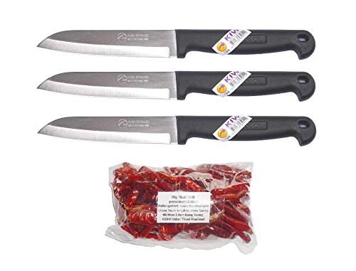 Kiwi Thai 194 - Juego de 3 cuchillos para verdura y fruta, incluye 30 g de taii chilli seco, afilado de Isaan Nordthailand Ban Nong Saeng