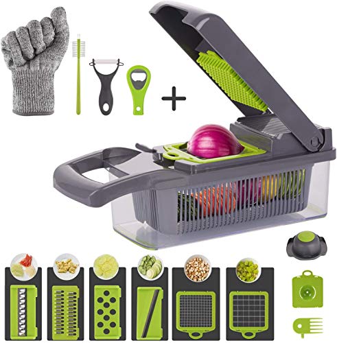 KKCITE - Picador de cebolla para verduras (7 cuchillas, manual de cocina, manual de verduras, acero inoxidable para ensalada de frutas, mandolina y mandolina, con contenedor