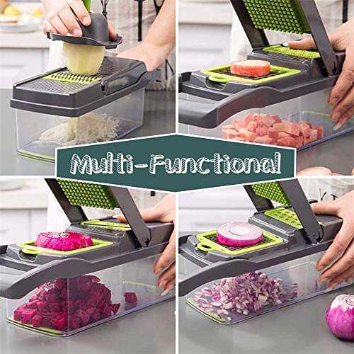 KKCITE - Picador de cebolla para verduras (7 cuchillas, manual de cocina, manual de verduras, acero inoxidable para ensalada de frutas, mandolina y mandolina, con contenedor