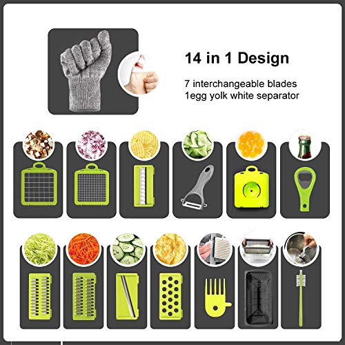 KKCITE - Picador de cebolla para verduras (7 cuchillas, manual de cocina, manual de verduras, acero inoxidable para ensalada de frutas, mandolina y mandolina, con contenedor