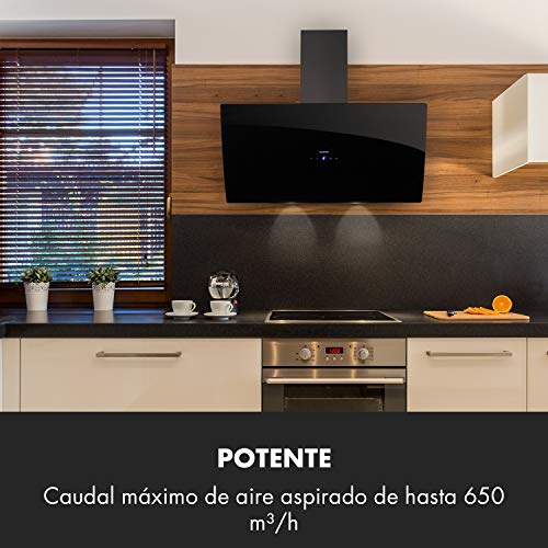 Klarstein Annabelle 90 Campana extractora - Extractor de humos de pared, Absorción y ventilación, Rendimiento de 650 m³/h, 230 W, Iluminación LED, Acero inoxidable, Panel táctil, Negro
