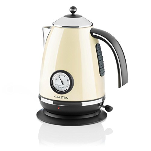 Klarstein Aquavita Chalet - Hervidor de agua, Tetera eléctrica, Diseño vintage, Inalámbrico, 1,7 Litros, 2200 W, Con Termómetro retro, Asa Cool Touch, gancho para cable, Crema Clara