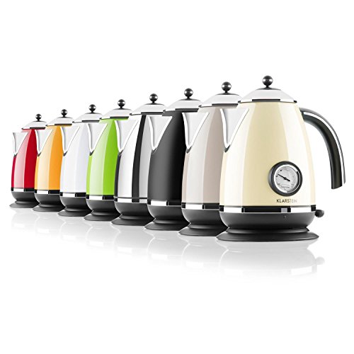 Klarstein Aquavita Chalet - Hervidor de agua, Tetera eléctrica, Diseño vintage, Inalámbrico, 1,7 Litros, 2200 W, Con Termómetro retro, Asa Cool Touch, gancho para cable, Crema Clara