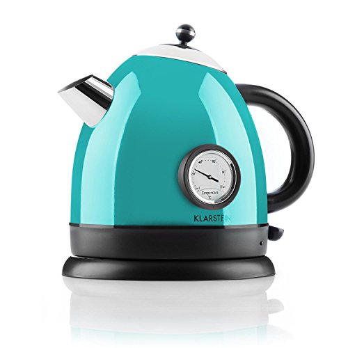 Klarstein Aquavita hervidor de agua eléctrico estilo tetera (1,5 litros, 2.200 W potencia, termómetro analógico, asa cool-touch, diseño retro, filtro de cal, acero inoxidable) - azul