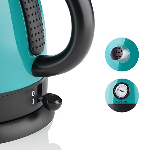 Klarstein Aquavita hervidor de agua eléctrico estilo tetera (1,5 litros, 2.200 W potencia, termómetro analógico, asa cool-touch, diseño retro, filtro de cal, acero inoxidable) - azul