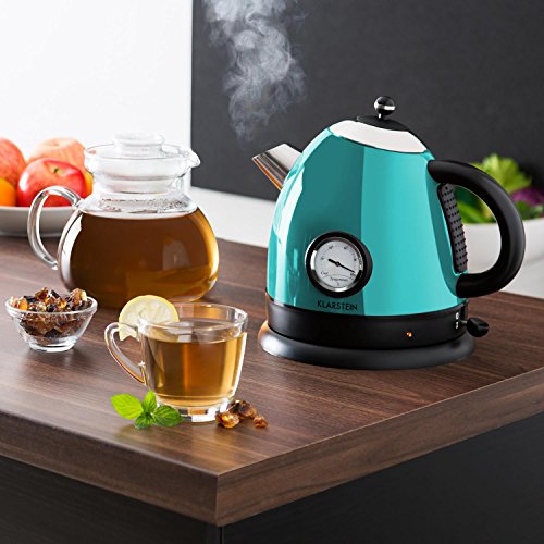 Klarstein Aquavita hervidor de agua eléctrico estilo tetera (1,5 litros, 2.200 W potencia, termómetro analógico, asa cool-touch, diseño retro, filtro de cal, acero inoxidable) - azul