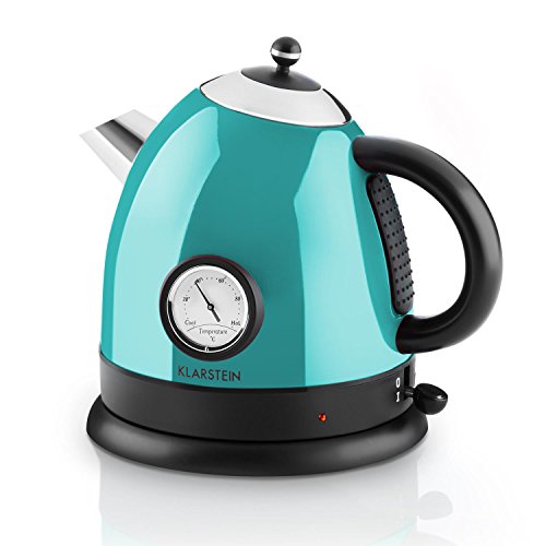Klarstein Aquavita hervidor de agua eléctrico estilo tetera (1,5 litros, 2.200 W potencia, termómetro analógico, asa cool-touch, diseño retro, filtro de cal, acero inoxidable) - azul