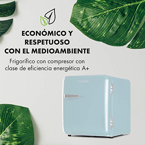 Klarstein Audrey Mini nevera retro - Mininevera, Nevera para bebidas, Eficiencia energética de tipo A+, 48 litros de capacidad, 2 plantas, Temperaturas de 0-10 °C, Zona de botellas, Azul