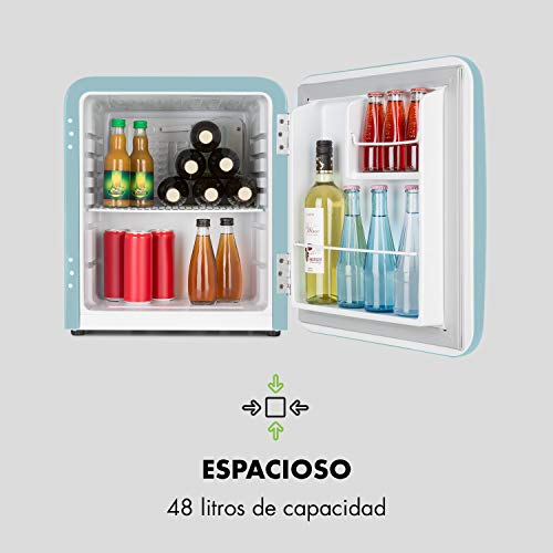 Klarstein Audrey Mini nevera retro - Mininevera, Nevera para bebidas, Eficiencia energética de tipo A+, 48 litros de capacidad, 2 plantas, Temperaturas de 0-10 °C, Zona de botellas, Azul