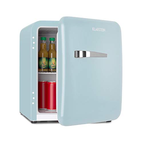 Klarstein Audrey Mini nevera retro - Mininevera, Nevera para bebidas, Eficiencia energética de tipo A+, 48 litros de capacidad, 2 plantas, Temperaturas de 0-10 °C, Zona de botellas, Azul