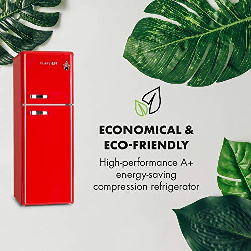 Klarstein Audrey - Nevera con congelador, Frigorífico combi, Look retro, Congelador 39L, Refrigerador 97L, Pies regulables, Enfriamiento regulable, Cajón verduras, Estantes de vidrio, Rojo