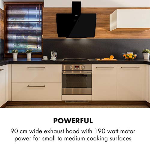 Klarstein Aurica 90 Campana extractora - Extractor de humos de pared, 90 cm de ancho, 165 W, Absorción de hasta 620 m³/h, 3 niveles de potencia, Luz independiente, Material de montaje, Negro