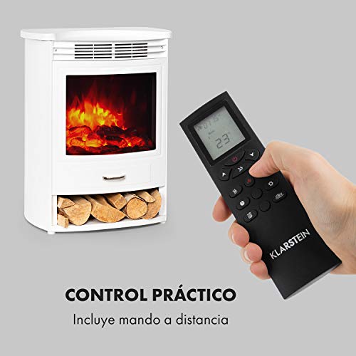 KLARSTEIN Bormio - Chimenea eléctrica, Potencia 950/1900W, Termostato, Programable, Detección de Ventana Abierta, Efecto Llama Realista, Cajón para leña, Mando a Distancia, 49 x 55 x 35 cm, Blanco