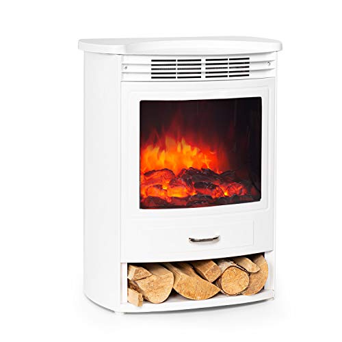 KLARSTEIN Bormio - Chimenea eléctrica, Potencia 950/1900W, Termostato, Programable, Detección de Ventana Abierta, Efecto Llama Realista, Cajón para leña, Mando a Distancia, 49 x 55 x 35 cm, Blanco