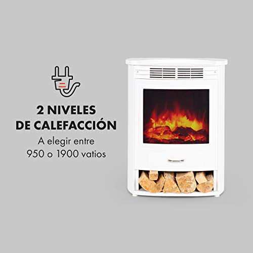KLARSTEIN Bormio - Chimenea eléctrica, Potencia 950/1900W, Termostato, Programable, Detección de Ventana Abierta, Efecto Llama Realista, Cajón para leña, Mando a Distancia, 49 x 55 x 35 cm, Blanco