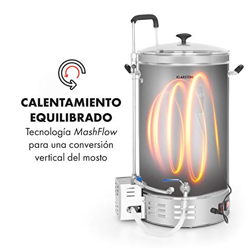 Klarstein Brauheld Pro caldero de mosto - olla de cocción de cerveza, 35 litros, 100-2500 W, MemoryBrew: 11 pasos programables, temporizador: 1-99 min, de 30 a 100 °C, Acero inoxidables 304