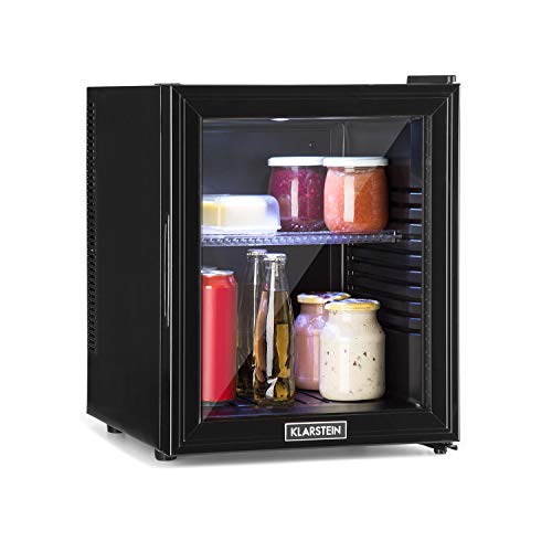 Klarstein Brooklyn 32L Nevera con puerta acristalada - Mininevera, Minibar, 32 L, 0 dB, 12-15 °C, Iluminación interior LED, Puerta acristalada, Para casas pequeñas y de solteros, Negro…