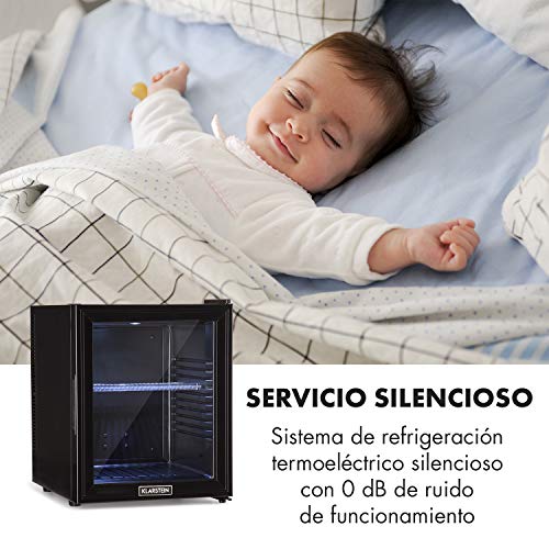 Klarstein Brooklyn 32L Nevera con puerta acristalada - Mininevera, Minibar, 32 L, 0 dB, 12-15 °C, Iluminación interior LED, Puerta acristalada, Para casas pequeñas y de solteros, Negro…