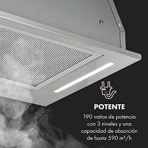 Klarstein Down Under - Campana extractora, Extractor de humos, Para montar, 90 cm, Absorción de 590 m³/h, 190 W de potencia en 3 niveles, LED, Acero cepillado, Emisión de 61 dB, Plateado