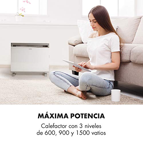 Klarstein Gotland - Convector de Vidrio, Potencia 3 Niveles: 600, 900 y 1500W, Radiador con Perilla y termostato, Seguro de Temperatura Integrado, Aparato de Suelo, Diseño Moderno, Blanco