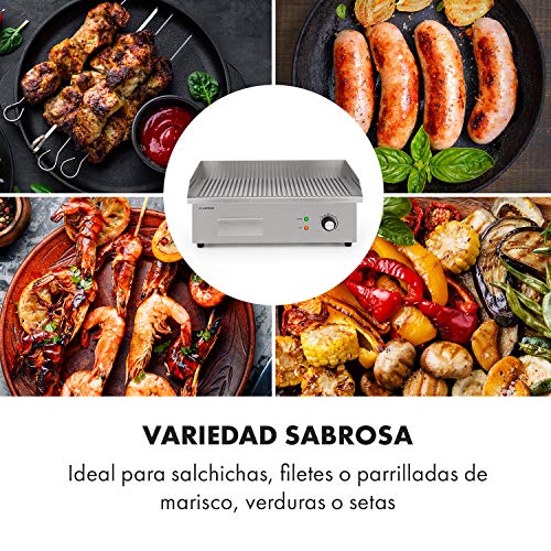 Klarstein Grillmeile 3000R Pro plancha de hierro fundido eléctrica - superficie de 54,5 x 35 cm (con surcos), temperatura de 50 a 300 °C, 3000 W, antisalpicadura, acero inoxidable