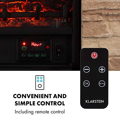 Klarstein Kaprun - Chimenea eléctrica, Bull; 1800 W, 2 Niveles de Calor, Efecto llameante, Piedra simulada, Mando Distancia, Termostato, Negro y marrón
