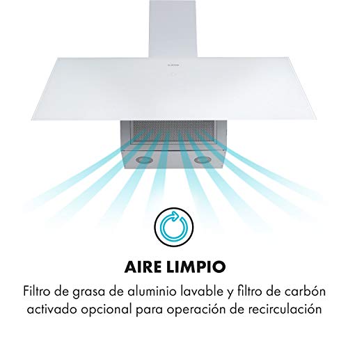 Klarstein Laurel 90 campana extractora - inclinado, 90 cm, absorción de 350 m³/h, clase B, iluminación de fogones LED, Panel táctil, filtro de grasa de aluminio, 64 dB, extractor de pared, blanco