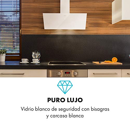 Klarstein Laurel 90 campana extractora - inclinado, 90 cm, absorción de 350 m³/h, clase B, iluminación de fogones LED, Panel táctil, filtro de grasa de aluminio, 64 dB, extractor de pared, blanco