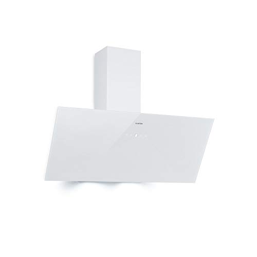Klarstein Laurel 90 campana extractora - inclinado, 90 cm, absorción de 350 m³/h, clase B, iluminación de fogones LED, Panel táctil, filtro de grasa de aluminio, 64 dB, extractor de pared, blanco