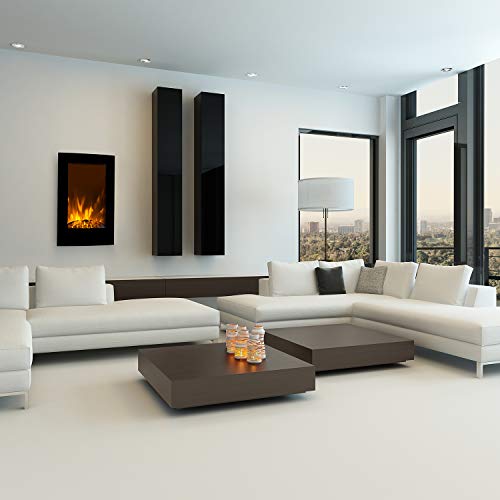 Klarstein Lausanne Vertical Chimenea de Pared - Termostato, Potencia 1000 ó 2000W, Efecto Llamas, Función atenuación Temporizador semanal, Cristal Vidrio, Mando a Distancia, Negro