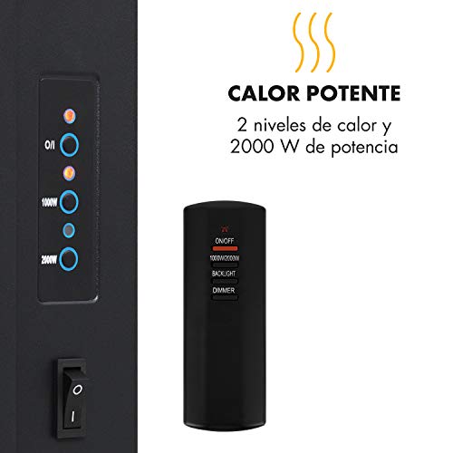 Klarstein Lausanne Vertical Chimenea de Pared - Termostato, Potencia 1000 ó 2000W, Efecto Llamas, Función atenuación Temporizador semanal, Cristal Vidrio, Mando a Distancia, Negro