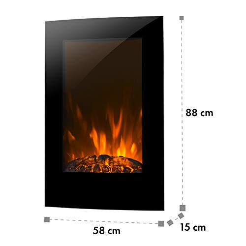 Klarstein Lausanne Vertical Chimenea de Pared - Termostato, Potencia 1000 ó 2000W, Efecto Llamas, Función atenuación Temporizador semanal, Cristal Vidrio, Mando a Distancia, Negro